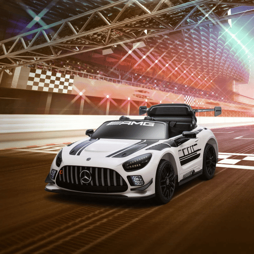 AIYAPLAY Carro Elétrico para Crianças Mercedes-AMG GT3 Evo Carro de Bateria 12V com Controlo Remoto 2,4G Motor Duplo Rodas Auxiliares Alça de Transporte Música Faróis 115x66x44 cm Branco
