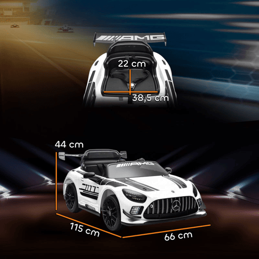 AIYAPLAY Carro Elétrico para Crianças Mercedes-AMG GT3 Evo Carro de Bateria 12V com Controlo Remoto 2,4G Motor Duplo Rodas Auxiliares Alça de Transporte Música Faróis 115x66x44 cm Branco
