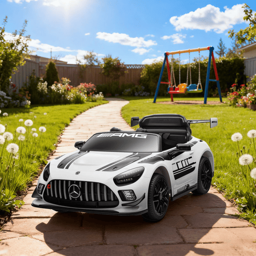 AIYAPLAY Carro Elétrico para Crianças Mercedes-AMG GT3 Evo Carro de Bateria 12V com Controlo Remoto 2,4G Motor Duplo Rodas Auxiliares Alça de Transporte Música Faróis 115x66x44 cm Branco