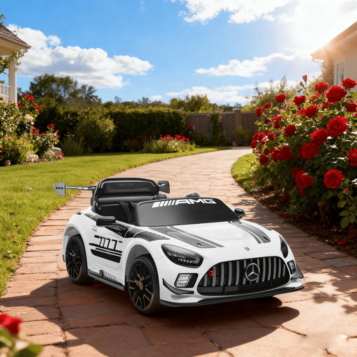 AIYAPLAY Carro Elétrico para Crianças Mercedes-AMG GT3 Evo Carro de Bateria 12V com Controlo Remoto 2,4G Motor Duplo Rodas Auxiliares Alça de Transporte Música Faróis 115x66x44 cm Branco
