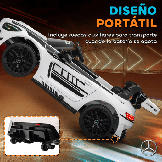 AIYAPLAY Carro Elétrico para Crianças Mercedes-AMG GT3 Evo Carro de Bateria 12V com Controlo Remoto 2,4G Motor Duplo Rodas Auxiliares Alça de Transporte Música Faróis 115x66x44 cm Branco