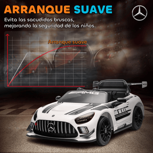 AIYAPLAY Carro Elétrico para Crianças Mercedes-AMG GT3 Evo Carro de Bateria 12V com Controlo Remoto 2,4G Motor Duplo Rodas Auxiliares Alça de Transporte Música Faróis 115x66x44 cm Branco