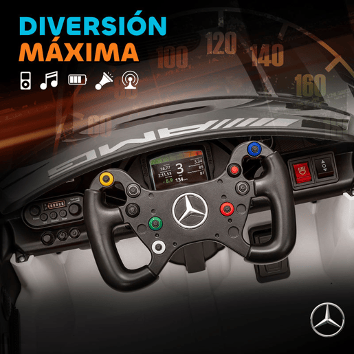 AIYAPLAY Carro Elétrico para Crianças Mercedes-AMG GT3 Evo Carro de Bateria 12V com Controlo Remoto 2,4G Motor Duplo Rodas Auxiliares Alça de Transporte Música Faróis 115x66x44 cm Branco