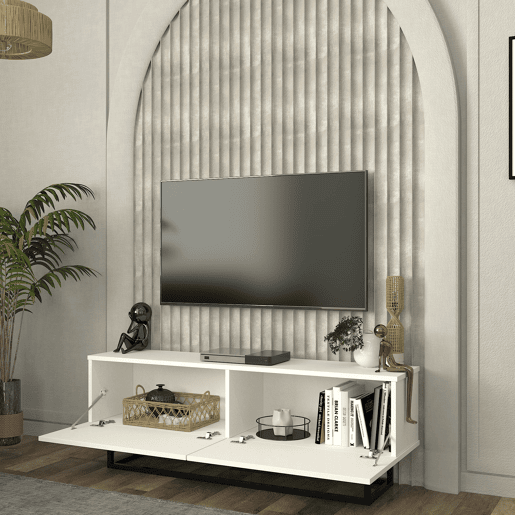 Mesa baixa para TV Nolven com 2 portas moldura curta 135x32x47 cm branco en.casa