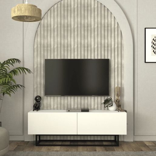 Mesa baixa para TV Nolven com 2 portas moldura curta 135x32x47 cm branco en.casa