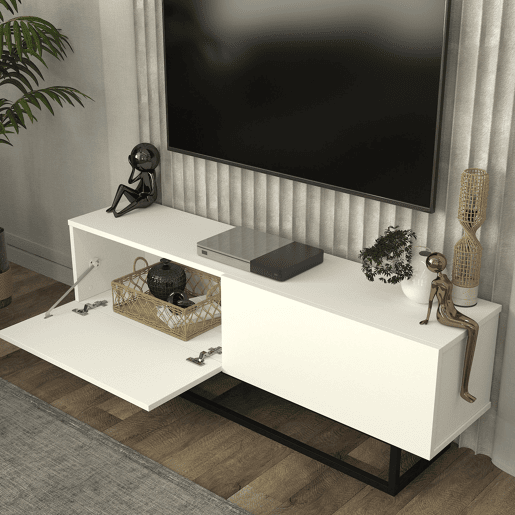 Mesa baixa para TV Nolven com 2 portas moldura curta 135x32x47 cm branco en.casa