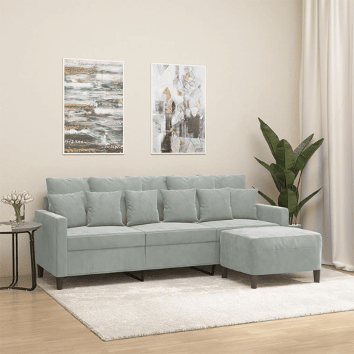 Sofá de 3 lugares - Sofá fixo com apoio de pés 180 cm veludo cinzento-claro Sofá de 3 lugares - Sofá fixo com apoio de pés 180 cm veludo cinzento-claro