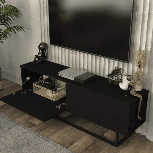 Mesa baixa para TV Nolven com 2 portas moldura curta 135x32x47 cm preto en.casa