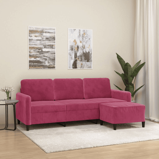 Sofá de 3 lugares - Sofá fixo com apoio de pés 180 cm veludo vermelho tinto