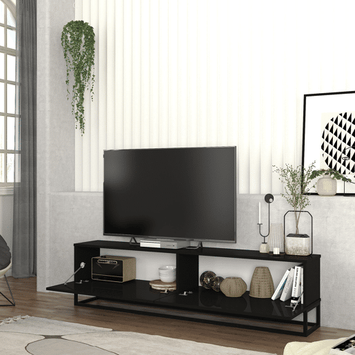 Mesa baixa para TV Nolvean com 2 portas moldura longa 180x32x47 cm preto en.casa