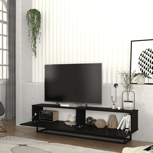 Mesa baixa para TV Nolven com 2 portas moldura curta 180x32x47 cm preto en.casa