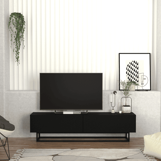 Mesa baixa para TV Nolven com 2 portas moldura curta 180x32x47 cm preto en.casa