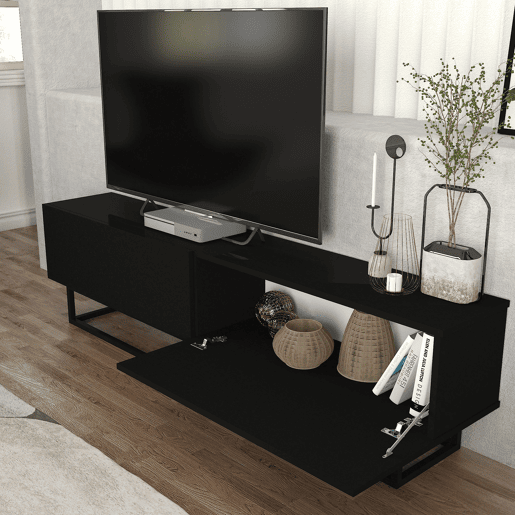 Mesa baixa para TV Nolven com 2 portas moldura curta 180x32x47 cm preto en.casa