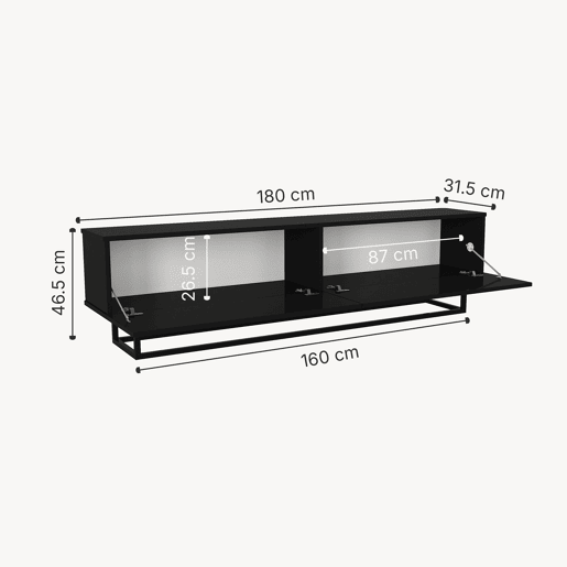 Mesa baixa para TV Nolven com 2 portas moldura curta 180x32x47 cm preto en.casa