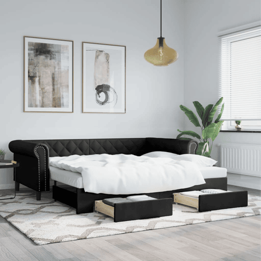Sofá-cama, Sofá conversível c gavetão e gavetas 90x200 cm couro artificial preto