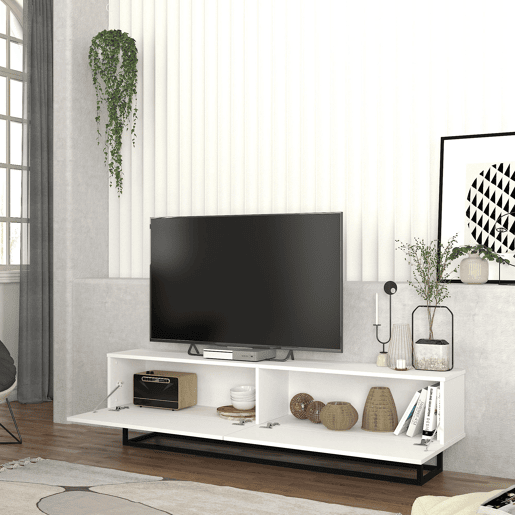 Mesa baixa para TV Nolven com 2 portas moldura curta 180x32x47 cm branco en.casa