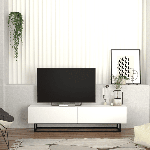Mesa baixa para TV Nolven com 2 portas moldura curta 180x32x47 cm branco en.casa