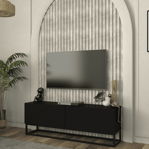 Mesa baixa para TV Nolvean com 2 portas moldura longa 135x32x47 cm preto en.casa