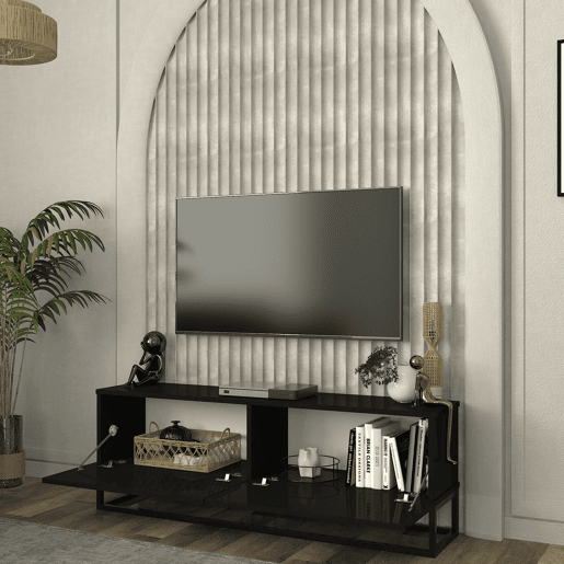 Mesa baixa para TV Nolvean com 2 portas moldura longa 135x32x47 cm preto en.casa