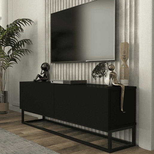 Mesa baixa para TV Nolvean com 2 portas moldura longa 135x32x47 cm preto en.casa