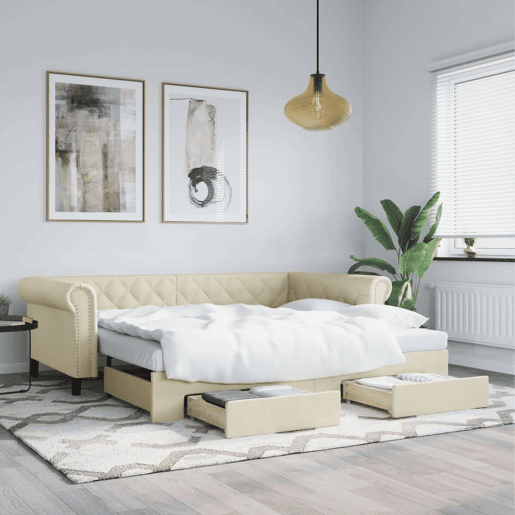 Sofá-cama, Sofá conversível c gavetão e gavetas 90x200 cm couro artif. cor creme