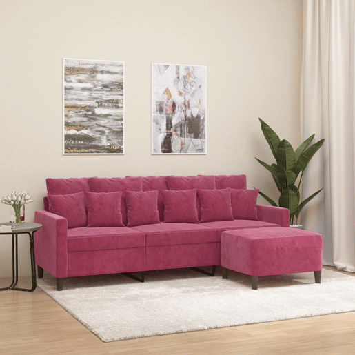 Sofá de 3 lugares - Sofá fixo com apoio de pés 180 cm veludo vermelho tinto