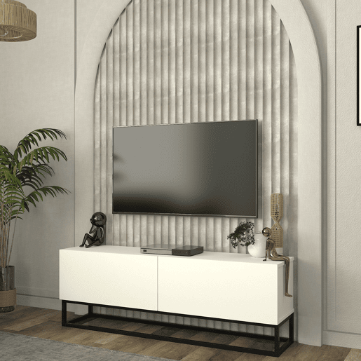 Mesa baixa para TV Nolvean com 2 portas moldura longa 135x32x47 cm branco en.casa