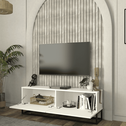 Mesa baixa para TV Nolvean com 2 portas moldura longa 135x32x47 cm branco en.casa