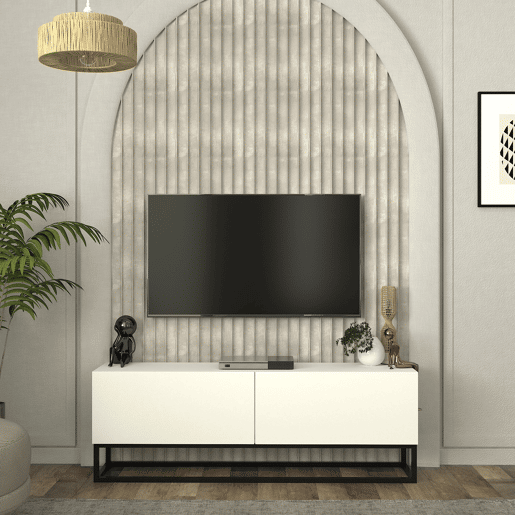 Mesa baixa para TV Nolvean com 2 portas moldura longa 135x32x47 cm branco en.casa