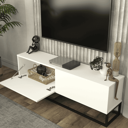 Mesa baixa para TV Nolvean com 2 portas moldura longa 135x32x47 cm branco en.casa