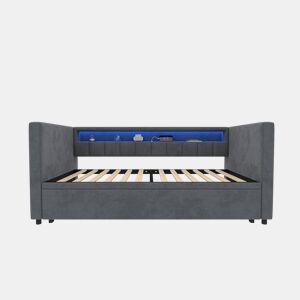 Sofá-cama multifuncional 90x190 cm - Cama extraível, USB Type-C, LED ambiente, armazenamento - Cinza