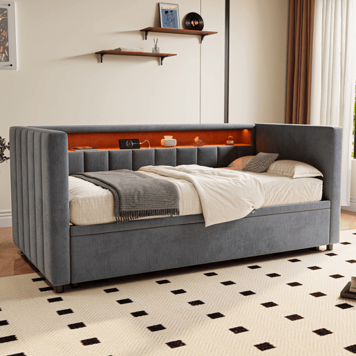 Sofá-cama multifuncional 90x190 cm - Cama extraível, USB Type-C, LED ambiente, armazenamento - Cinza