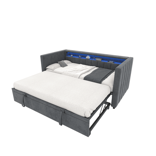 Sofá-cama multifuncional 90x190 cm - Cama extraível, USB Type-C, LED ambiente, armazenamento - Cinza