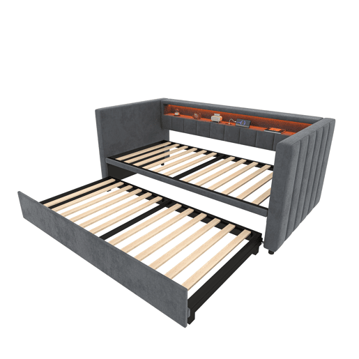 Sofá-cama multifuncional 90x190 cm - Cama extraível, USB Type-C, LED ambiente, armazenamento - Cinza