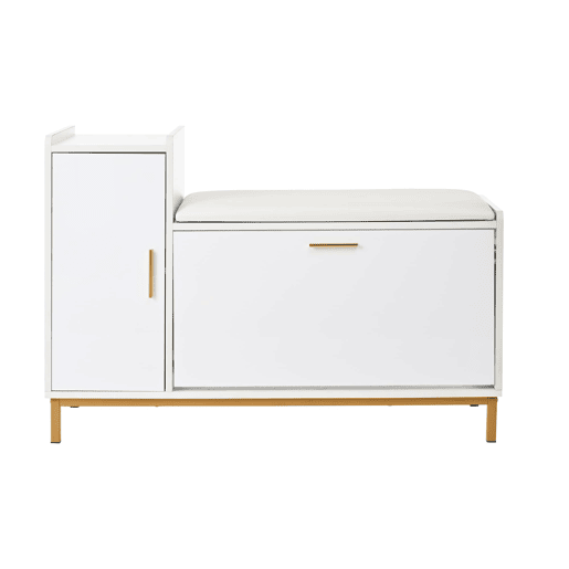 Banco sapateiro 100x38x68 cm - 2 compartimentos, armário e assento almofadado - branco dourado Banco sapateiro 100x38x68 cm - 2 compartimentos, armário e assento almofadado - branco dourado