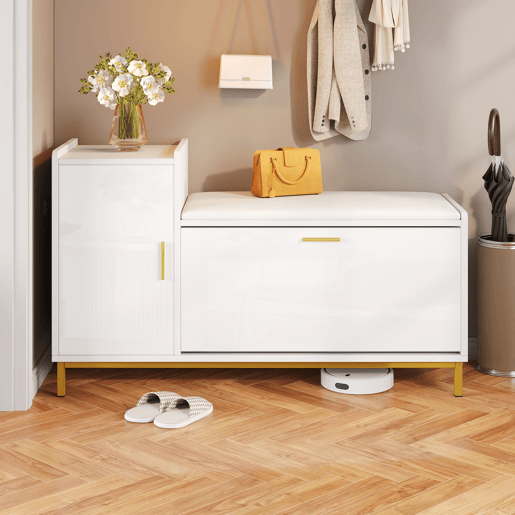 Banco sapateiro 100x38x68 cm - 2 compartimentos, armário e assento almofadado - branco dourado Banco sapateiro 100x38x68 cm - 2 compartimentos, armário e assento almofadado - branco dourado