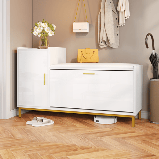 Banco sapateiro 100x38x68 cm - 2 compartimentos, armário e assento almofadado - branco dourado Banco sapateiro 100x38x68 cm - 2 compartimentos, armário e assento almofadado - branco dourado