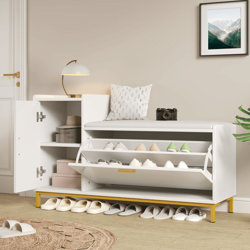 Banco sapateiro 100x38x68 cm - 2 compartimentos, armário e assento almofadado - branco dourado Banco sapateiro 100x38x68 cm - 2 compartimentos, armário e assento almofadado - branco dourado
