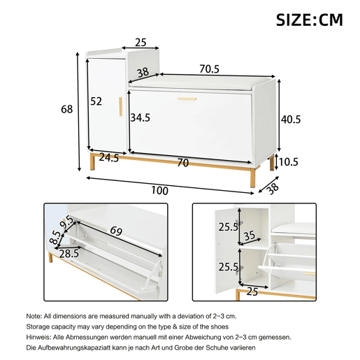 Banco sapateiro 100x38x68 cm - 2 compartimentos, armário e assento almofadado - branco dourado Banco sapateiro 100x38x68 cm - 2 compartimentos, armário e assento almofadado - branco dourado