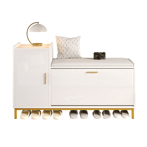 Banco sapateiro 100x38x68 cm - 2 compartimentos, armário e assento almofadado - branco dourado Banco sapateiro 100x38x68 cm - 2 compartimentos, armário e assento almofadado - branco dourado