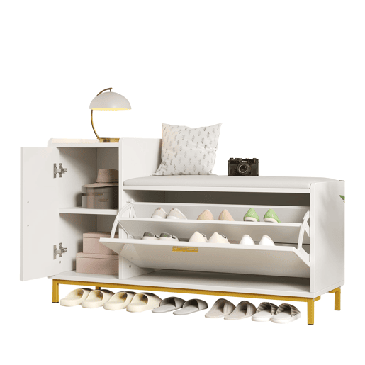Banco sapateiro 100x38x68 cm - 2 compartimentos, armário e assento almofadado - branco dourado Banco sapateiro 100x38x68 cm - 2 compartimentos, armário e assento almofadado - branco dourado