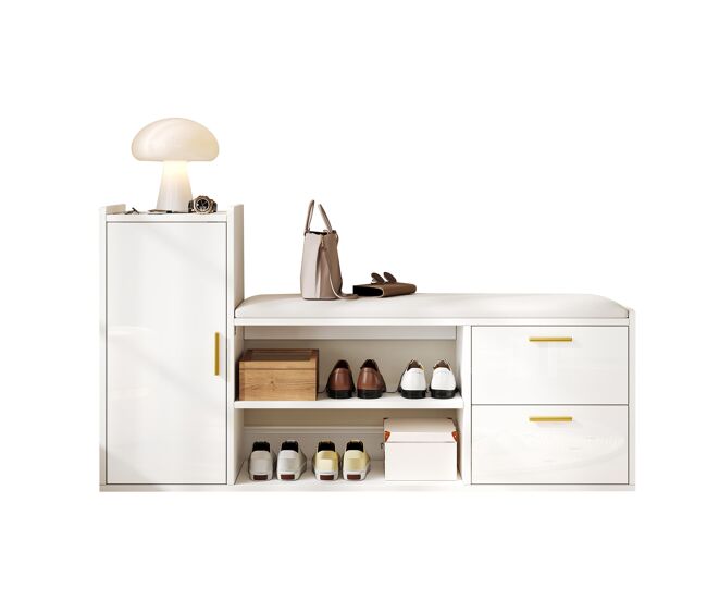 Zapatero 128x30x68 cm - 2 cajones, 1 puerta, asiento acolchado y almacenamiento - blanco