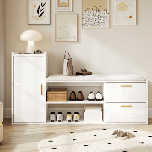 Sapateira 128x30x68 cm - 2 gavetas, 1 porta, assento almofadado e arrumação - Branco