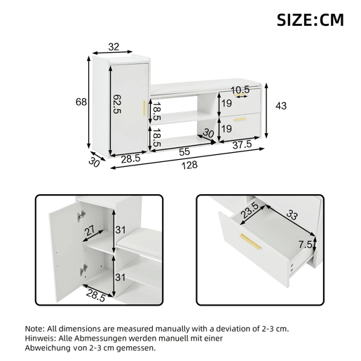 Sapateira 128x30x68 cm - 2 gavetas, 1 porta, assento almofadado e arrumação - Branco