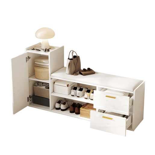Sapateira 128x30x68 cm - 2 gavetas, 1 porta, assento almofadado e arrumação - Branco