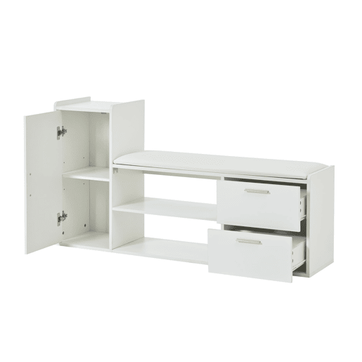 Sapateira 128x30x68 cm - 2 gavetas, 1 porta, assento almofadado e arrumação - Branco