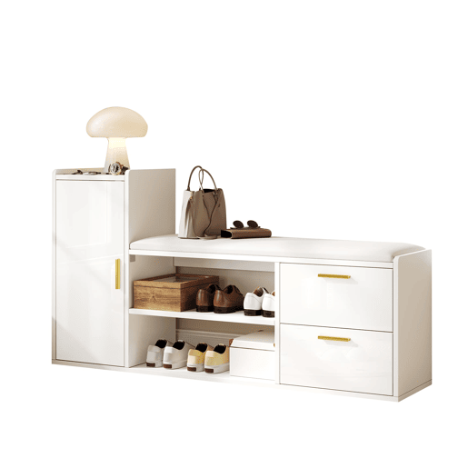 Sapateira 128x30x68 cm - 2 gavetas, 1 porta, assento almofadado e arrumação - Branco