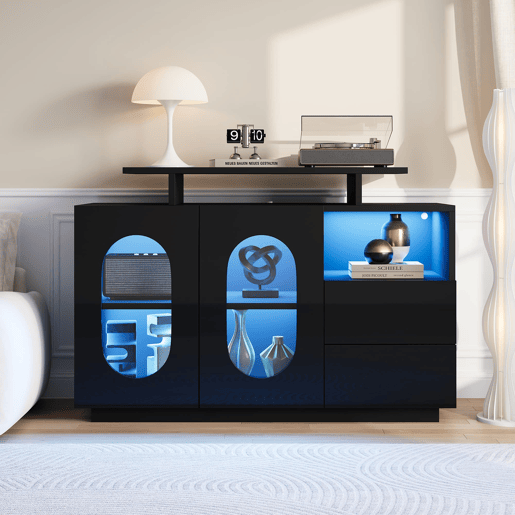 Aparador LED preto - Portas de vidro ovais, frente brilhante, com arrumação - Preto