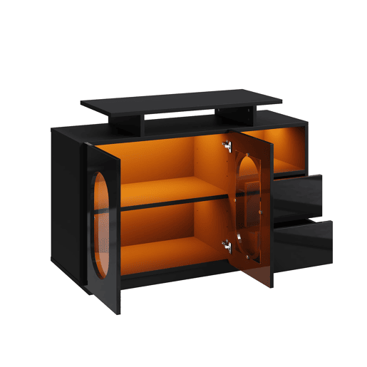 Aparador LED preto - Portas de vidro ovais, frente brilhante, com arrumação - Preto