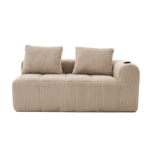 Sofá de veludo cotelê de 2 lugares - Com almofadas macias, bolsa lateral para comando e bebidas - Cáqui